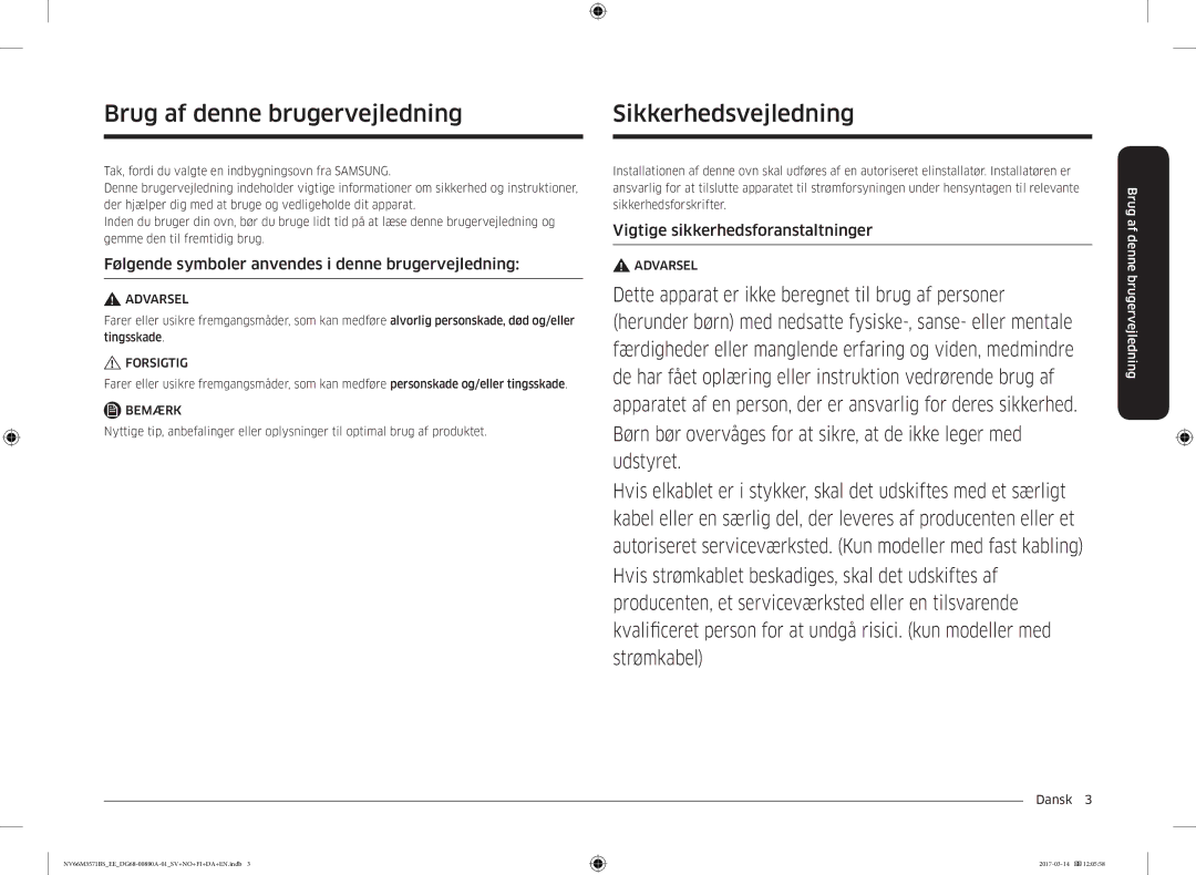 Samsung NV66M3571BS/EE Sikkerhedsvejledning, Brug af denne brugervejledning, Vigtige sikkerhedsforanstaltninger, Dansk  